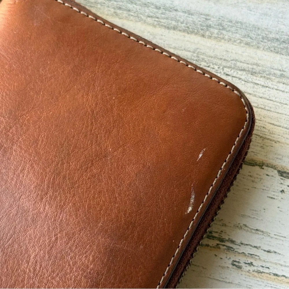 Fossil Cognac 'Sydney' Leather Zip Around Clutch Wristlet Wallet Large Size